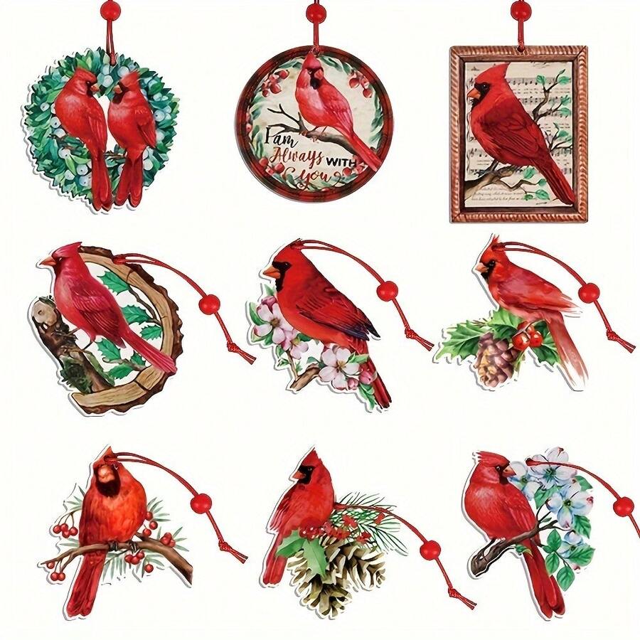 9pcs, Red Cardinal Christmas Ornaments Wooden Cardinals Birds For Christmas Tree Ornament Decorations Memorial Gifts - Red - View 1