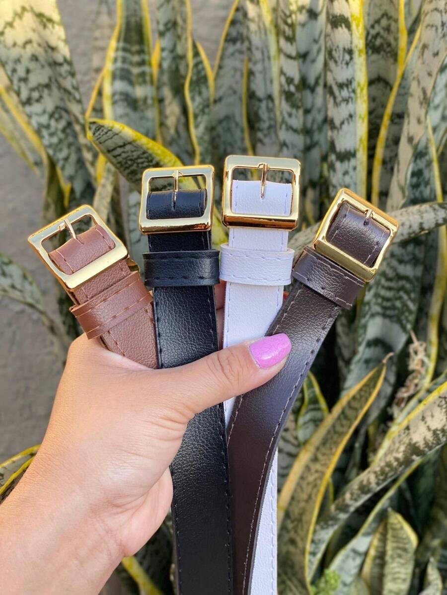 Kit 4 Cintos Feminino Fivela Birken Metalizada Dourada Em Couro Sintético Minimalista