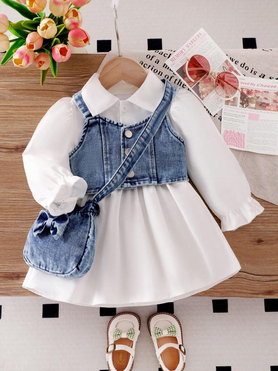 Baby Girl Denim Vest And Solid Color Dress Set With Bow Decor And Denim Crossbody Bag - trắng - Xem 1
