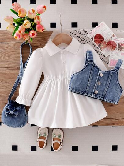 Baby Girl Denim Vest And Solid Color Dress Set With Bow Decor And Denim Crossbody Bag