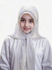 1pc Malaysian Tasseled Solid Color Beaded Floral Shawl Scarf Head Wrap, Elastic Turban Style, Muslim Headwear