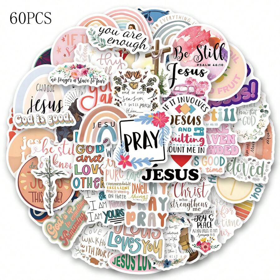 60Pcs Bible Stickers, Inspirational Christian Stickers, Bible Verse Stickers, Bible Journaling Supplies, Aesthetic Jesus Faith Christian Stickers For Water Bottles, Christian Gifts For - Multicolor - View 1