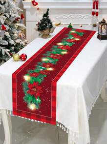 1Pc Polyester Christmas Table Runner Tablecloth Table Cover, Green Leaves And Red Flowers Pattern, Christmas Decor, Christmas Home Decor, Xmas Desktop Center Decor, Merry Christmas, Party Favor, Noel, Christmas, Christmas