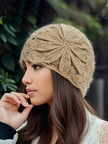 1pc Handmade Crochet Big Floral Hollow-Out Retro Elegant Knit Hat Winter Fall