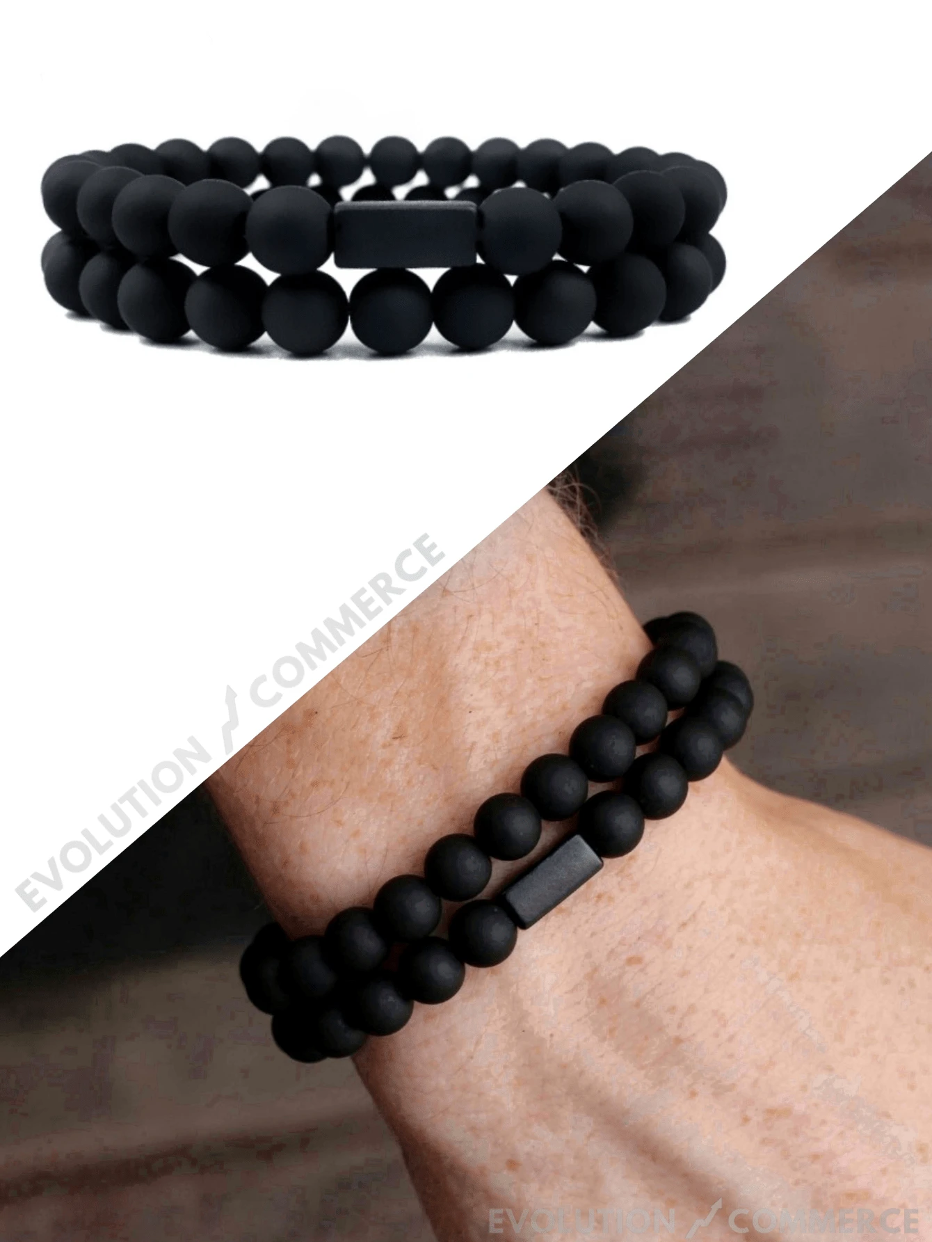 Men's Bracelet Set Combo Kit 2 Units Matte Black Ball 8mm With Rubberized Spheres Pendant Bracelet Gift Man Accessory - màu đen - Xem 1