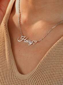 1pc Personalized Name Necklace, Silver-Tone Stainless Steel Hollow Heart Pendant Necklace, Simple Custom Jewelry For Women And Men, Couple Gift, Vacation Accessory - Silver - View 4