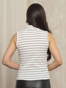 Kit 3 Women's Ribbed Tank Top High Neck Basic Blouse Casual T-Shirt Gringa Fashion - 2白色/1棕色 - 查看 9