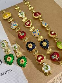 1/3 件复古彩色艺术爱心雕刻浮雕宫廷风格耳环花心中年高档领链，日常佩戴，最佳朋友的礼物情人节，妈妈，母亲，母亲节，礼物 - 彩色 - 查看 4