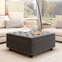 PU Leather Oversized Storage Ottoman,Large Square Ottoman Bench With Storage,Tufted Sofa Ottomans Storage Footstool,Mid Century Modern Coffee Table For Living Room Nailhead Trim - 深灰色+亞麻 - 查看 2
