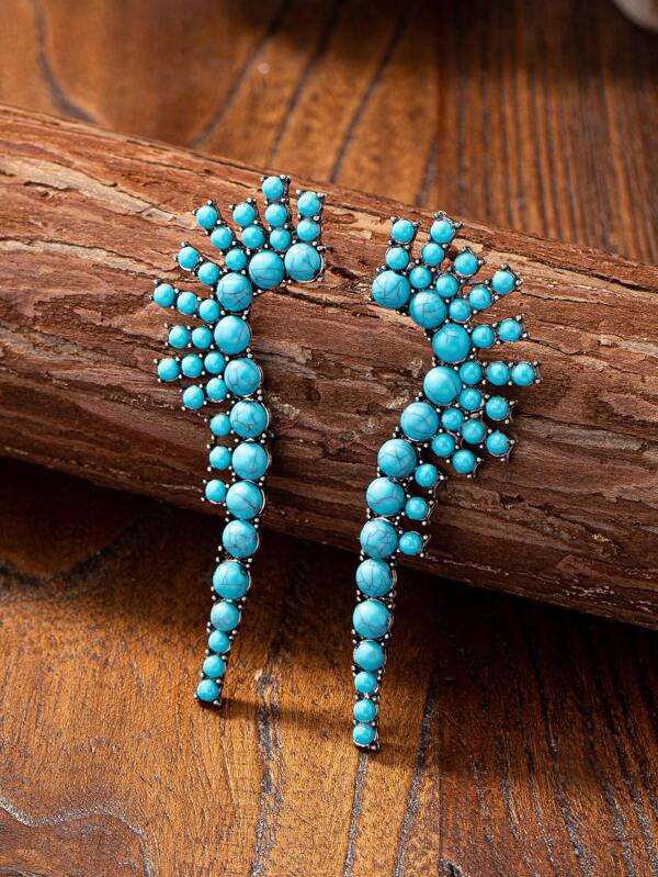 1 Pair Western Cowgirl Blue Turquoise Color Statement Earring For Women