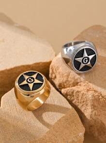 1pc Stainless Steel 18K Gold Plated Punk Letter G Five Pointed Star Pattern Men's Rings Summer Jewelry - Ring - View 2