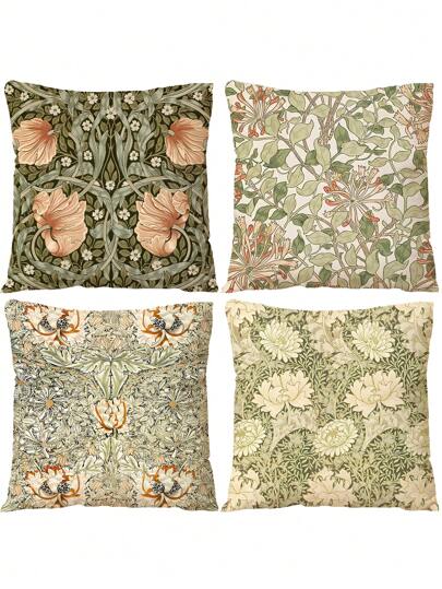 4pcs William Morris Floral Pattern Decorative Pillow Cover, Vintage Floral Cushion Cover For Sofa, Living Room And Bedroom Decoration, Aesthetic Home Decor (No Pillow Insert)