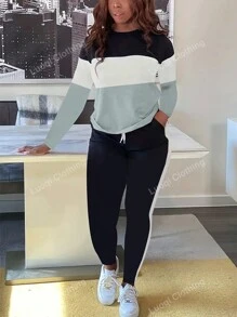 2pcs Colorblock Round Neck Long Sleeve T-Shirt And Pants Set, Spring Autumn Winter