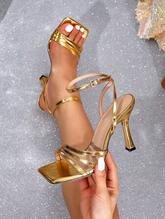 欧美风格女式新款高跟凉鞋，性感绑带方头罗马风格，百搭户外穿着，细跟，夏季时尚鞋