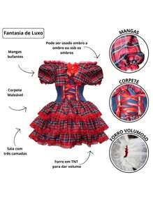 Vestido Feminino de Festa Junina Luxo Xadrez Super Rodado Acinturado Com Espartilho Tamanhos do 32 a 50