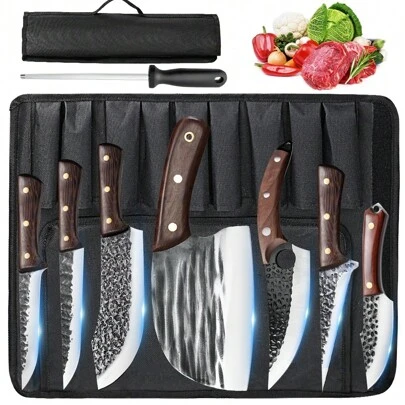 8 Pieces Butcher Knife, Knife Set, Forged Chef Knife For Meat Cutting, Professional Meat Cleaver For Kitchen, Camping, BBQ