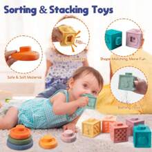 Montessori Baby Toys - 5 In 1 Infant Toy Gift Set With Pull Strings Teethers, Stacking Blocks, Sensory Shapes, Storage Box And Bath Toy, Suitable For 6-18 Months Boys & Girls