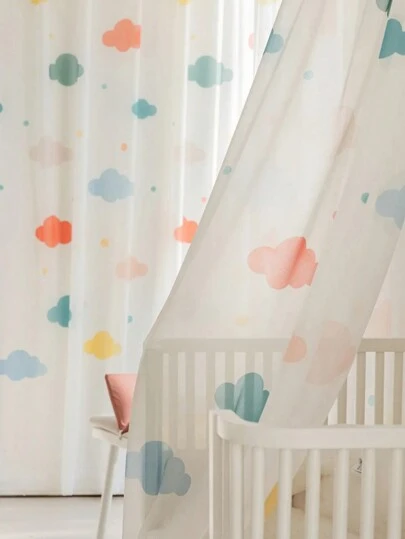 1pc Cartoon Colorful Cloud Print Blackout Curtain For Kids Room, Fashionable & Cute Sheer Curtain Suitable For Nursery Decor