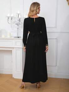 Women's Long Sleeve Embroidered Decorated Black Modest Dress - Black - View 2