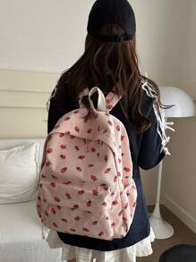 草莓印花简约大容量背包，时尚灯芯绒户外旅行包 - 粉色 - 查看 4