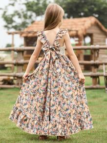 Tween Girl Fluttering Sleeve Strap Dress Bowknot Backless Floral Asymmetrical Hem Princess Boho Vacation Party Dress, Spring/Summer