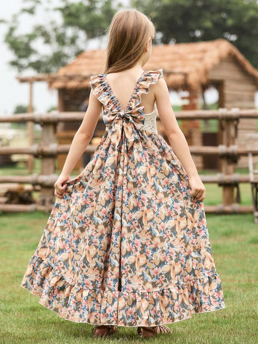 Tween Girl Fluttering Sleeve Strap Dress Bowknot Backless Floral Asymmetrical Hem Princess Boho Vacation Party Dress, Spring/Summer