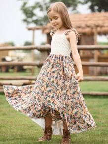 Tween Girl Fluttering Sleeve Strap Dress Bowknot Backless Floral Asymmetrical Hem Princess Boho Vacation Party Dress, Spring/Summer