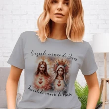 Christian Women's T-Shirt Blouse, SACRED HEART OF JESUS AND IMMACULATE HEART OF MARY, COLORFUL BABY LOOK, CASUAL Fashion, Plus Size - Grey - View 2