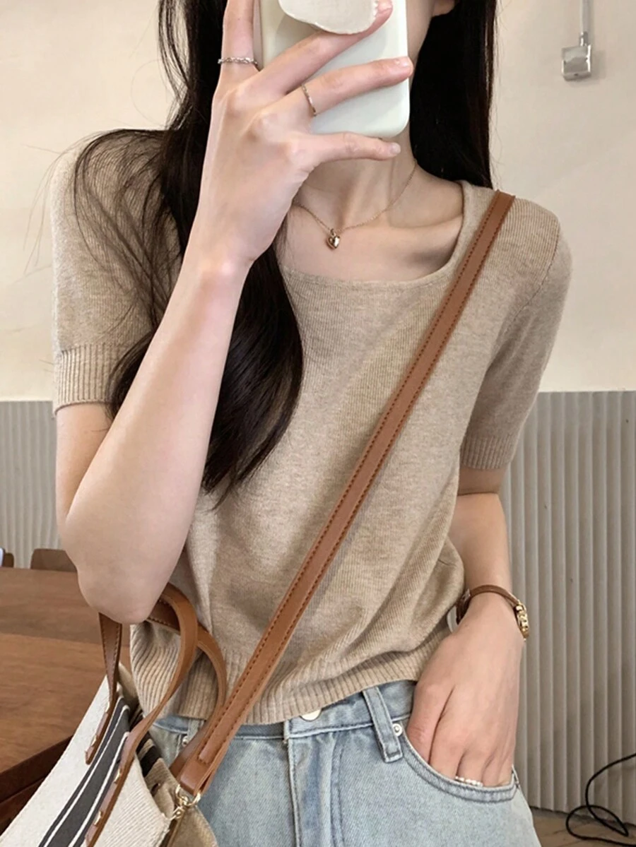 女士经典圆领短袖纯色修身休闲针织上衣，百搭夏季 - 卡其色 - 查看 1