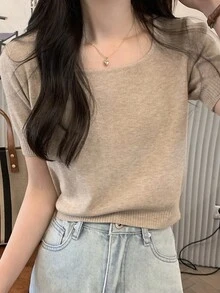 女士经典圆领短袖纯色修身休闲针织上衣，百搭夏季 - 卡其色 - 查看 2