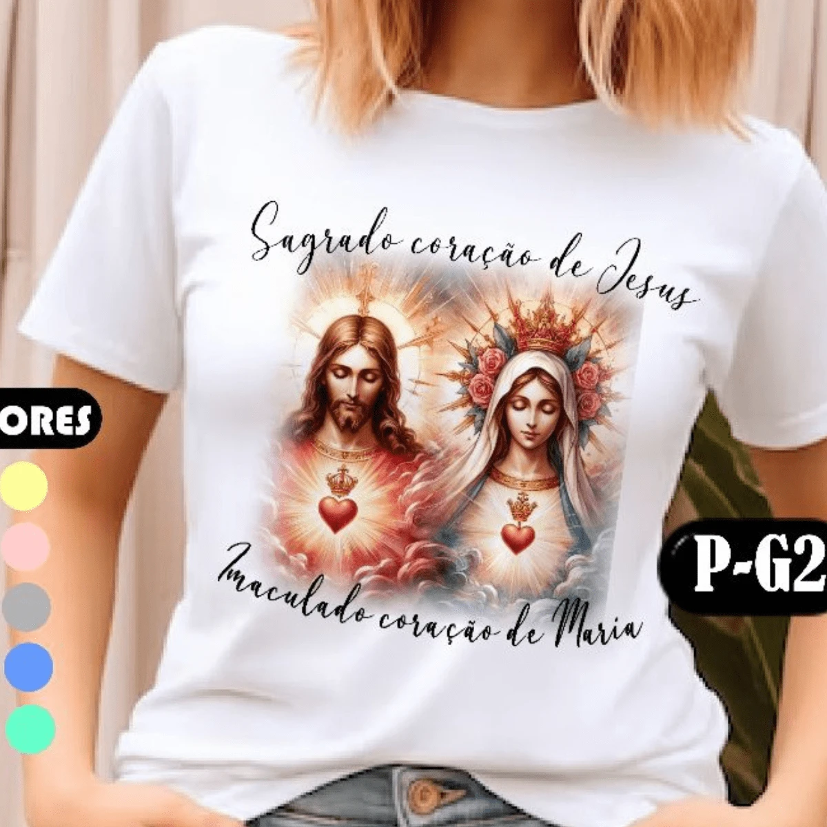 Christian Women's T-Shirt Blouse, SACRED HEART OF JESUS AND IMMACULATE HEART OF MARY, COLORFUL BABY LOOK, CASUAL Fashion, Plus Size - 白色 - 查看 1