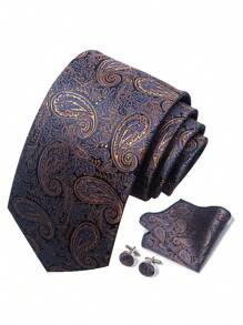 AlanKing 1 set Corbata, pañuelo de bolsillo y juego de gemelos con estampado de cachemira marrón para hombres en ocasiones de negocios/formales