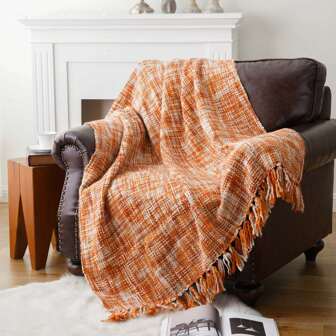  Battilo Burnt Orange Throw Bohemian Knitted Blanket With Fringe, Couch Cover Nap Throws For Sofas Armchairs Couch Bed, Soft Warm Cozy For Spring Summer Fall Decor Halloween 127x152cm