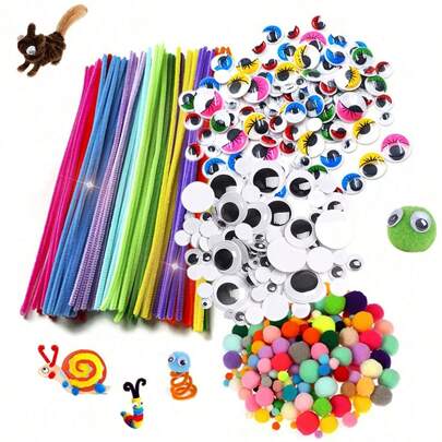 50pcs Diy Decorative Chenille Stems, 100pcs Black And White Googly Eyes, 200pcs Fluffy Pompoms Of Multiple Sizes, Felt For Home Craft Diy, Handmade Toy
