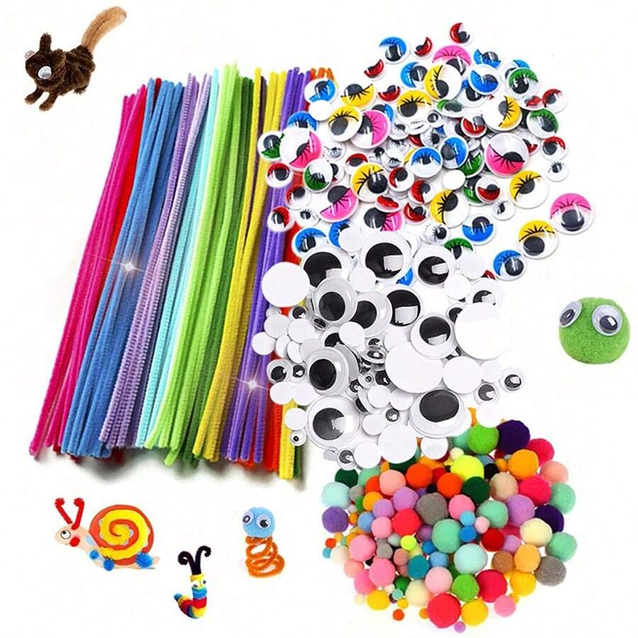 50pcs Diy Decorative Chenille Stems, 100pcs Black And White Googly Eyes, 200pcs Fluffy Pompoms Of Multiple Sizes, Felt For Home Craft Diy, Handmade Toy - Multicolor - View 1
