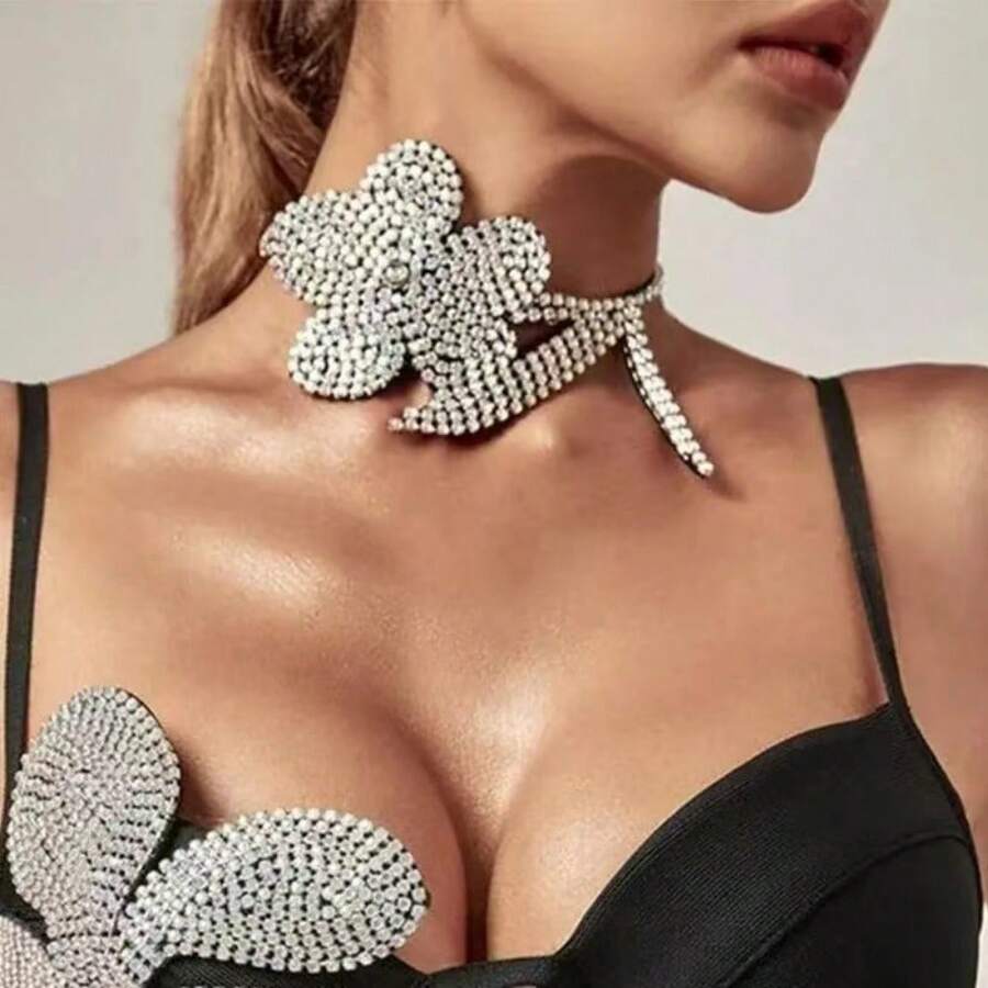 LuxstyWear Luxury Full Rhinestone Big Rose Flower Choker Necklace Exaggerated Super Flash Crystal Design Retro Statement Flower Necklace Valentines