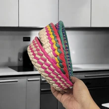 Set 3 Cestos Tortilleros Coloridos de Palma Artesanales Organizador Dulceros Pan Fiestas Decoración Comedores Cocina - Multicolor - Ver 3