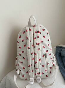 韩国草莓印花校园背包，适合初中和高中女生的休闲背包校园背包，书包，学校书包，大背包，校园背包，大容量返校包，便携，轻便，适合少女女大学生，非常适合返校、大学、中学、高中、开学第一天，时尚可爱的草莓钱包 - 米色 - 查看 6