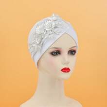 1pc Women Solid Color Embroidery Floral Decor Muslim Underscarf Cap, Versatile Party Wear - A - View 15