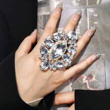 LuxstyWear Exaggerated Geometric Large Ring Crystal Finger Ring Statement Jewelry Women Wedding Adjustable Wedding Open Rings - Ring - View 3