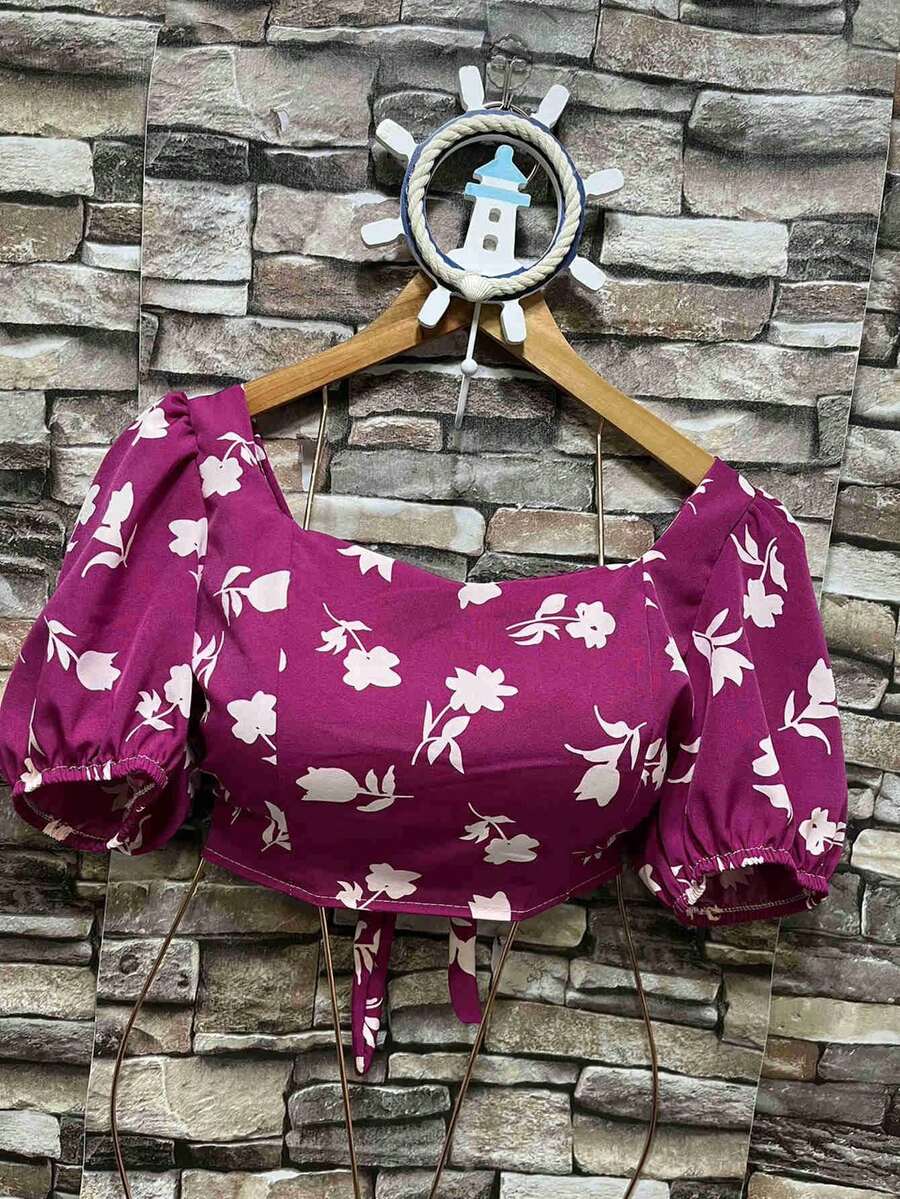 Cropped Blouse With Bulge With Sleeves Summer Fashion Floral Print - 紫羅蘭色 - 查看 1
