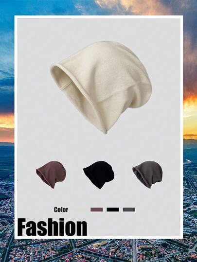 1 件纯色翻边无檐小便帽，宽松针织轻便保暖帽子，适合女士，秋季春冬季秋季