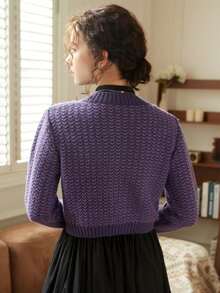 Knit Mix 优雅女士时尚针织开衫，休闲法式长袖圆领毛衣外套，适合圣诞节、感恩节和新年等场合 - 紫色 - 查看 2