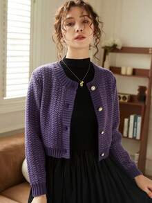 Knit Mix 优雅女士时尚针织开衫，休闲法式长袖圆领毛衣外套，适合圣诞节、感恩节和新年等场合 - 紫色 - 查看 3