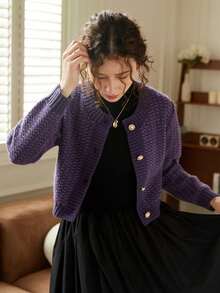 Knit Mix 优雅女士时尚针织开衫，休闲法式长袖圆领毛衣外套，适合圣诞节、感恩节和新年等场合 - 紫色 - 查看 6