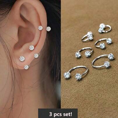 SENLANSP 3pcs Sparkling Soft Ceramic Horseshoe Ball Hoop Earrings For Women,Girls Dainty Shiny C-Shaped Stud Earrings Full Zirconia Inlay Nose Lip Rings Gift Jewelry 6/8/10mm