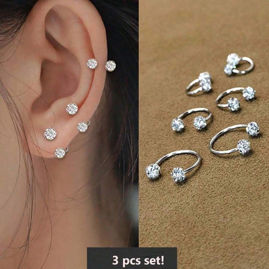SENLANSP 3 chiếc Bông tai dạng vòng bằng gốm mềm lấp lánh dành cho phụ nữ, cô gái Bông tai hình chữ C sáng bóng thanh nhã đầy đủ Zirconia Inlay Mũi Lip Nhẫn Quà tặng trang sức 6/8/10mm - Bạc - Xem 1