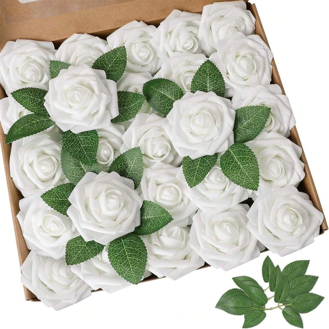 Artificial Flowers 20pcs Real Looking Ivory Foam Fake Roses With Stems