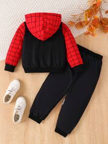 2pcs/Set Kids Autumn/Winter Spider Print Hooded Top And Pants Suits For Boys - Black - View 2