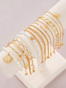 14 件套波西米亚海滩风格海洋主题心形、蝴蝶、贝壳、飞机吊饰金色脚链套装，夏季海滩度假、派对、日常穿着 - set6 - 查看 3